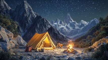 Wall Mural - A cozy campsite in the mountains with a tent, a campfire, and scattered camping gear, framed by majestic mountain peaks and a clear, starry night sky.