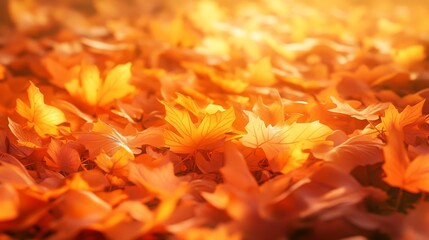 Poster - A dense cluster of orange autumn leaves illuminated by golden hour light, creating a glowing effect
