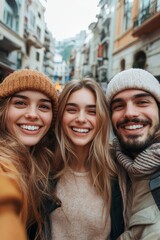 Wall Mural - Happy friends taking selfie on street, Generative AI