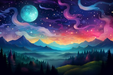 Wall Mural - Dreamy Night Sky Landscape with Mountains and Forest