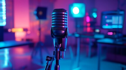 Poster - A minimalist broadcast studio with an on-air display, featuring a microphone on a stand, a simple desk setup, and modern lighting in a controlled environment.