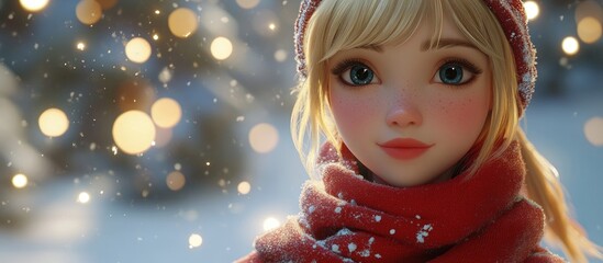 Wall Mural - 3D Cartoon Portrait of a Young Blonde Character Nordic Style Reflecting on Life in a Winter Wonderland