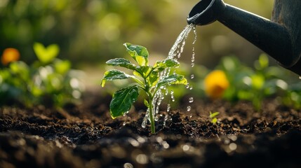 Wall Mural - A single young plant growing in a soil bed, being nurtured by a gentle stream of water from a watering can.