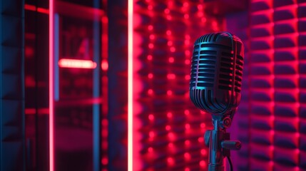 Poster - A sophisticated on-air studio setup with a clearly visible sign, featuring a professional-grade microphone, soundproof panels, and a minimalist design.