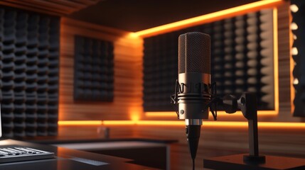 Poster - A sophisticated on-air studio setup with a clearly visible sign, featuring a professional-grade microphone, soundproof panels, and a minimalist design.