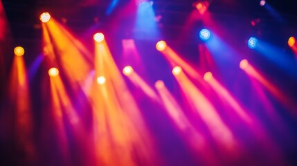 Poster - An illuminated stage with colorful light spots and beams, creating a vibrant and lively background for performances.