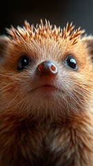 Detailed close-up of a hedgehog's eye, front on angle, with emphasis on its small and curious expression