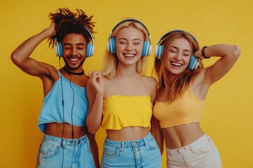 smiling friends listening music in headphones and dancing together, isolated on yellow, Generative AI