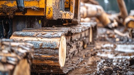 A close-up image of a log grader machine working on a construction site, showing the intricate details of the equipment and logs