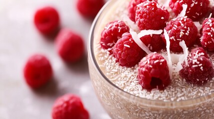 Wall Mural - Chia seed pudding with coconut flakes and raspberries