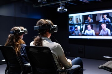 Fototapete - group of people sitting at table in front of large screen, An immersive virtual meeting platform connects colleagues from around the world in lifelike environments