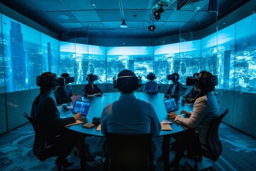 Leinwandbilder - group of people sitting at table in front of large screen, An immersive virtual meeting platform connects colleagues from around the world in lifelike environments