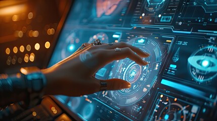 Aufkleber - person using laptop computer with futuristic interface, An intuitive interface with intuitive gestures for easy navigation