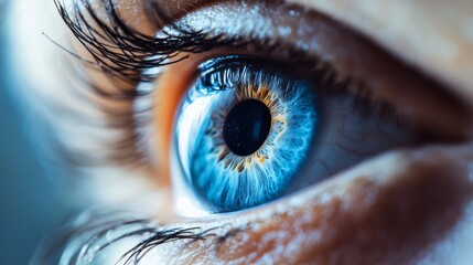 A close up of a person's eye with a blue iris