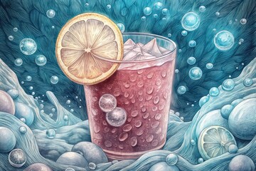 Wall Mural - A cool glass of lemonade with bubbles and lemon slices.