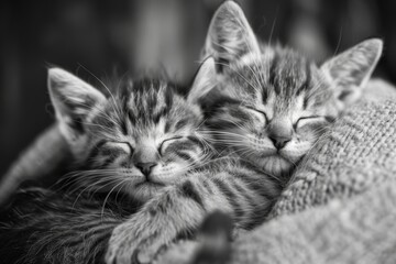 two kittens are sleeping on blanket, pair of kittens cuddle together for warmth, their soft fur comforting sight