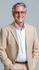 Wall Mural - a smiling mayor posing for a portrait, with an approachable demeanor, against a light solid color ba