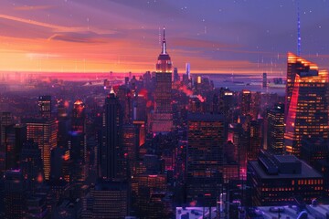 Poster - city skyline with lot of tall buildings, pastel cityscape at sunset with twinkling lights