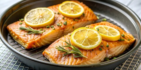 Baked Salmon with Lemon and Rosemary, food photography, grilled salmon, pan-fried , lemon slices , rosemary sprig