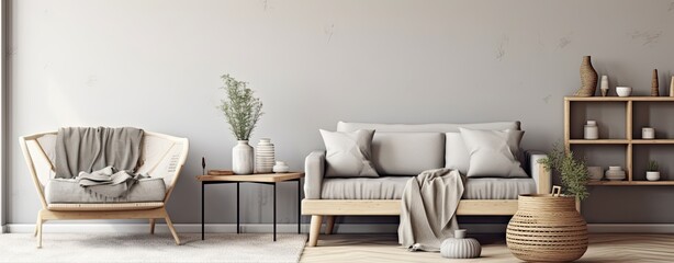 Wall Mural - Scandinavian-style living room with gray furniture and wicker chair