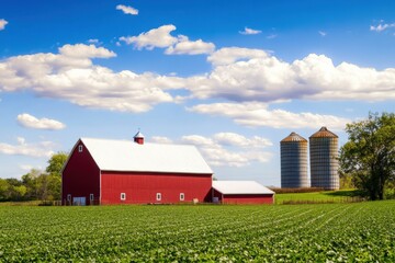 Wall Mural - A vivid red barn and silos amidst green fields under a bright blue sky with scattered clouds.