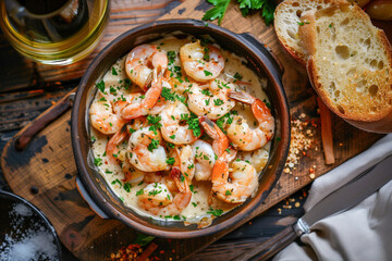 Wall Mural - Baked shrimp in white wine sauce with herbs