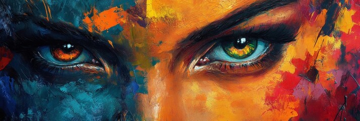 Abstract Eye Painting with Vibrant Colors - A close-up abstract oil painting of a woman's eye, showcasing a blend of contrasting colors like blue, orange, red and yellow, symbolizing depth, intensity,