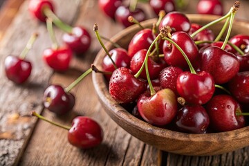 Poster - Fresh cherries glisten in a wooden bowl on a rustic table.