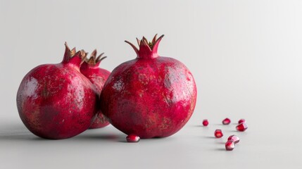 Wall Mural - Three fresh red pomegranates lie gracefully on a smooth surface, highlighting their tantalizing color and texture, with a few seeds scattered nearby