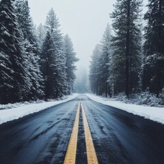 Poster - Icy road surface with a light dusting of snow, surrounded by snow-laden pine trees and a foggy horizon