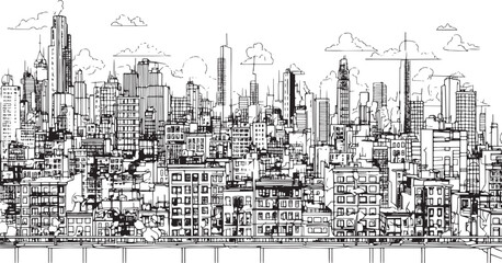 City landscape. Line urban backdrop. Skyline with clouds, different buildings on street, doodle street draw, outline cityscape hand sketch, flat houses. Hand drawn vector illustration