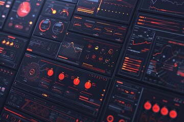 Poster - bunch of black and white screens with red accents, UI pattern library provides design inspiration