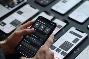 Poster - bunch of black and white screens with red accents, UI pattern library provides design inspiration