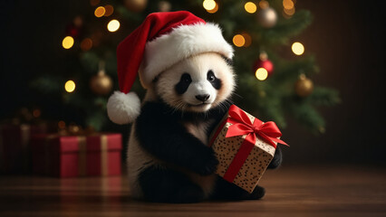 Wall Mural - A panda wearing Santa Claus hat in front of a Christmas tree holding a present