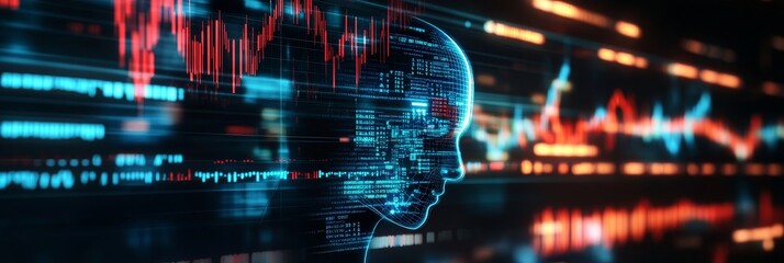 Artificial Intelligence and Data Analysis: The Future of Business - A futuristic representation of AI, symbolized by a digital head, analyzing data visualized as a complex network of lines and pattern