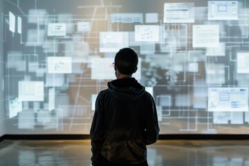 Poster - man standing in front of large screen with many images, usability walkthrough simulates user interaction
