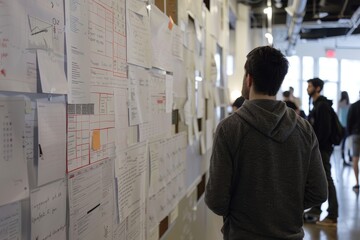 Poster - man standing in front of large screen with many images, usability walkthrough simulates user interaction