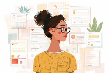 Aufkleber - woman with glasses standing in front of wall of papers, user persona informs your design approach