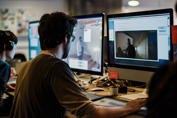 Wall Mural - group of people sitting at table in front of computers, user testing session captures user behavior