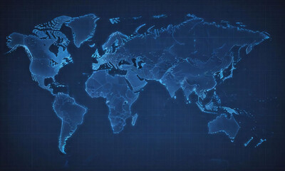 world map with blue grid lines on a dark background
