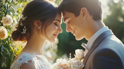 Romantic wedding couple gazing into each other's eyes in a sunlit garden with flowers and greenery in the background, elegant white and pastel decorations enhancing the atmosphere.