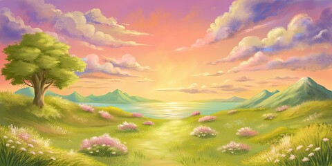 Poster - A serene meadow under a vibrant sunset with fluffy clouds.