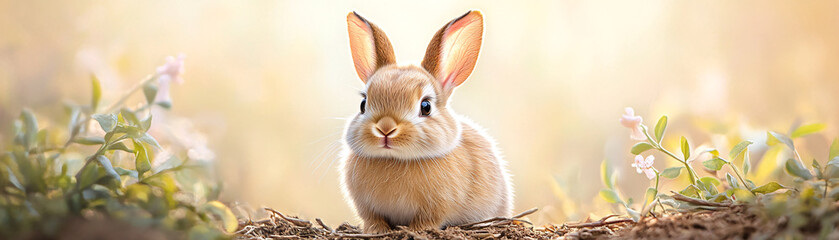 A small rabbit is sitting on the ground in a field of flowers. The rabbit is looking up at the camera, and the flowers are in the background. The scene is peaceful and serene