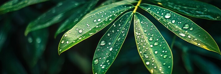 Wall Mural - Dew Drops On Lush Green Leaves - Dew drops glistening on vibrant green leaves, capturing the essence of nature's beauty, freshness, and renewal.