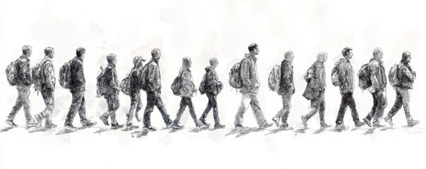 crowd group of people walking freehand ink sketch panorama view isolated on white background, Generative AI