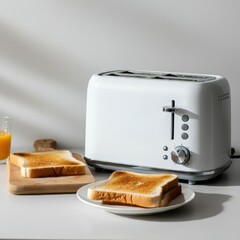 modern toaster, two slices of toast, minimalist kitchen, clean design, white background, simple composition, breakfast scene, soft lighting, bright and clean