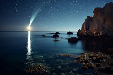 Wall Mural - Serene Night Sky with Moon and Stars Over the Ocean