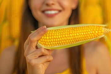 A close-up of a fresh yellow ear of corn with green husks, isolated. Beautiful simple AI generated image