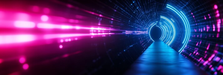 Wall Mural - Futuristic Neon Tunnel with Pink and Blue Lights - A digital corridor with glowing neon lights. The vibrant colors and futuristic design evoke a sense of innovation, progress, and the unknown. The pat