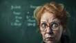 © liliyabatyrova - A strict teacher stares intently with wide eyes, surrounded by chalkboard notes, radiating an air of authority and discipline in a classroom